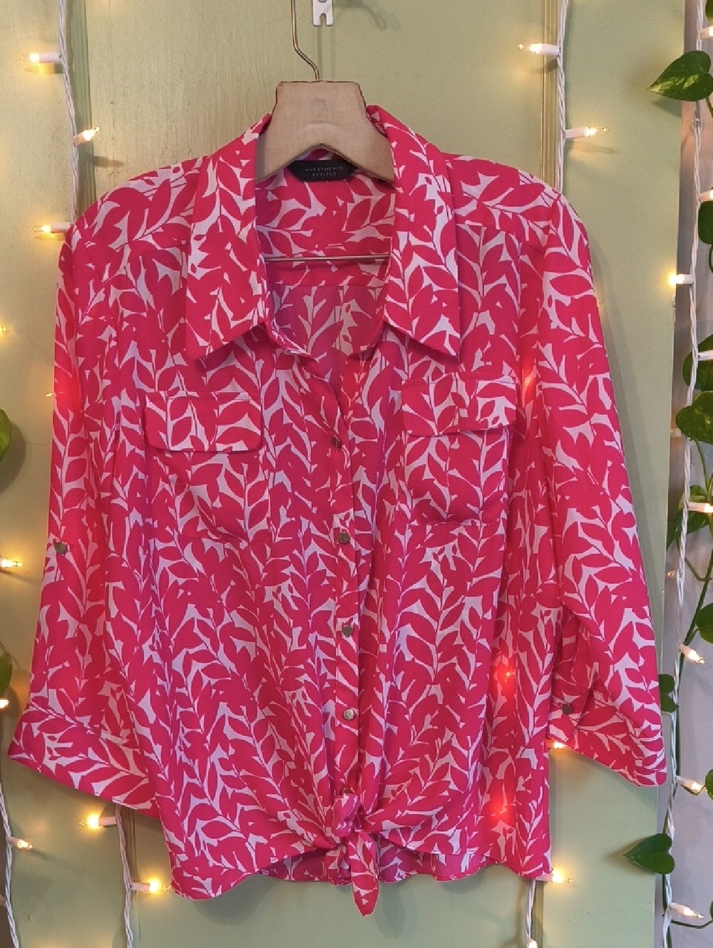 Women's Investments Pink Leaf White Tie Front Button Down Semi Sleeve Blouse XLP